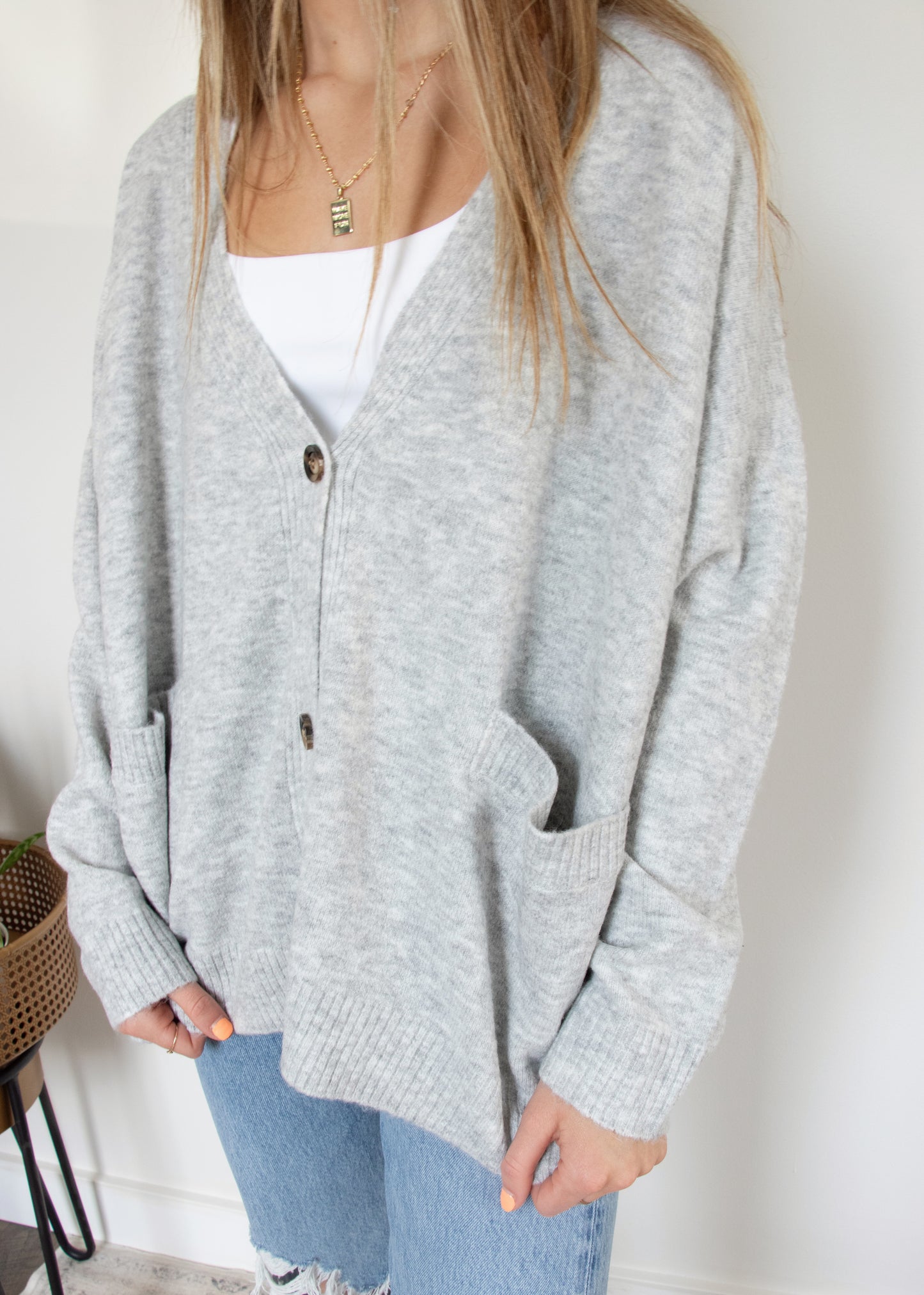 C'est Moi Knit Button Cardigan - HEATHER SILVER