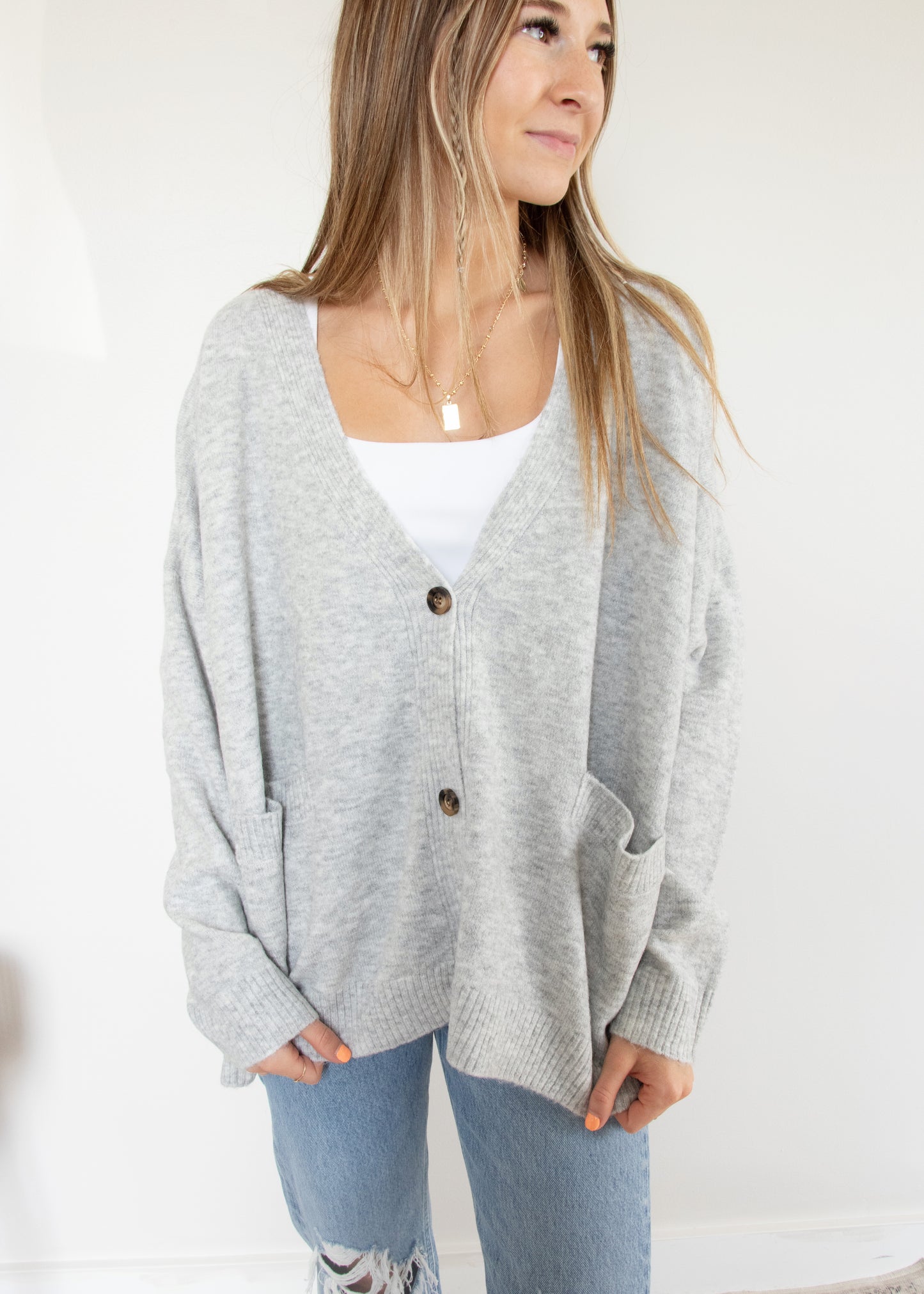 C'est Moi Knit Button Cardigan - HEATHER SILVER
