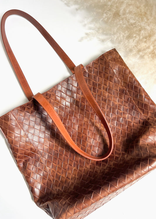 BRAVE Leather Giovana Tote - BROWNLARGE WEAVE