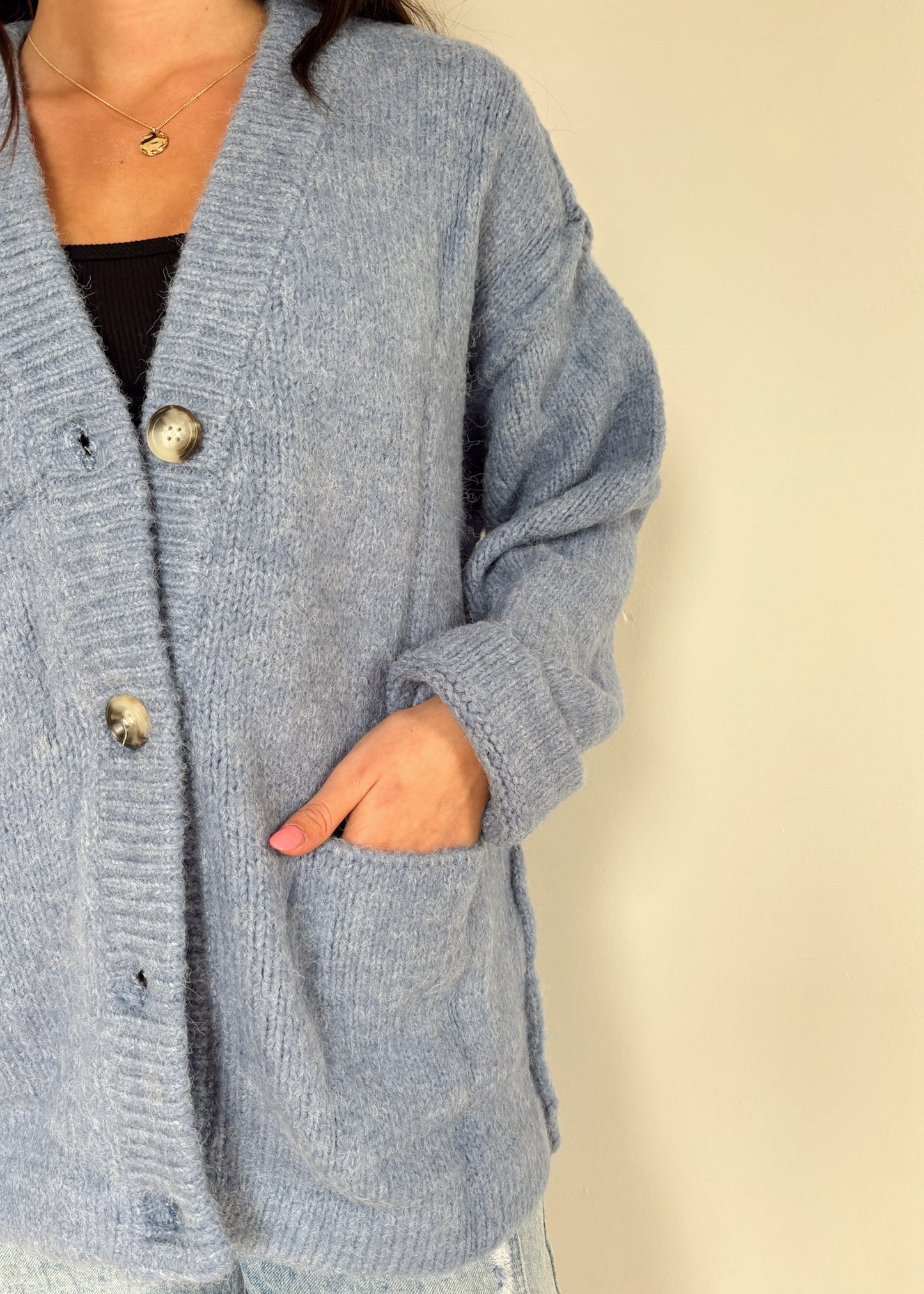 C'est Moi Knit Oversized Button Cardigan - DENIM